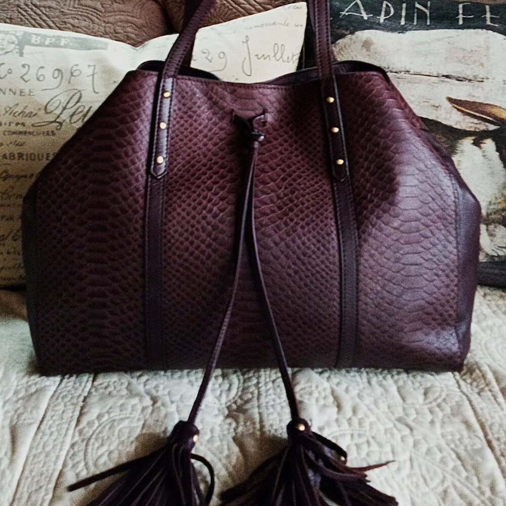 Isabella Fiore Large Bordeaux Leather Snakeskin Tote